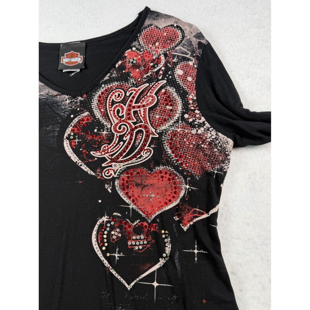 Harley Davidson Y2K McBling Rhinestone Heart Cutout Balloon Sleeve Top M - Picture 8 of 11